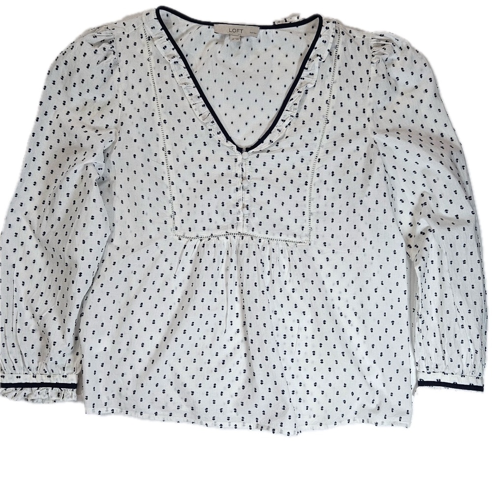 LOFT Blouse Womens Medium Petite White Navy Dot Long Sleeve‎ Ruffle Boho Top